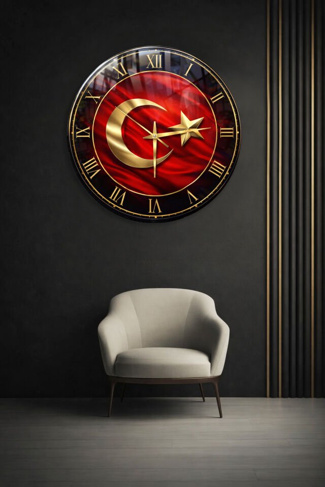 KIRILMAZ CAM DUVAR SAATİ, HEM TABLO HEM SAAT TÜRK BAYRAĞI AY YILDIZ TEMALI GOLD DETAYLI TASARIM EV OFİS HEDİYESİ