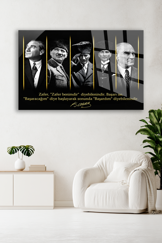 ATATÜRK BEŞLİ PORTRE VE SÖZÜ YAZILI DEKORATİF CAM TABLO OFİS HEDİYESİ