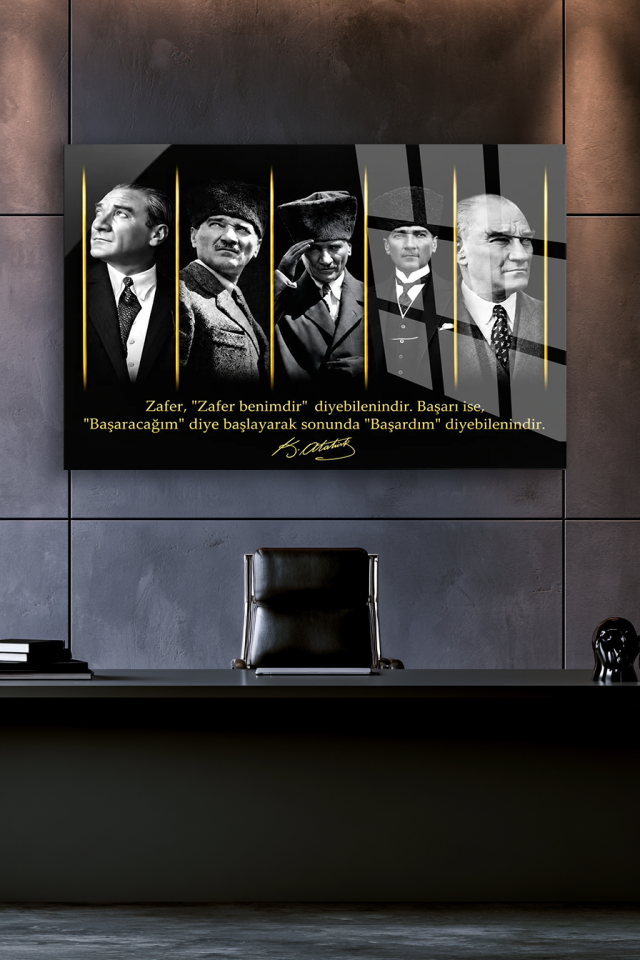 ATATÜRK BEŞLİ PORTRE VE SÖZÜ YAZILI DEKORATİF CAM TABLO OFİS HEDİYESİ
