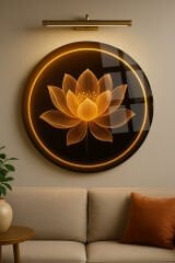 PARILTILI LOTUS ÇİÇEĞİ TASARIMI KIRILMAZ YUVARLAK CAM TABLO LÜKS EV HEDİYESİ ULTRA CANLI RENKLİ