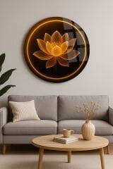 PARILTILI LOTUS ÇİÇEĞİ TASARIMI KIRILMAZ YUVARLAK CAM TABLO LÜKS EV HEDİYESİ ULTRA CANLI RENKLİ