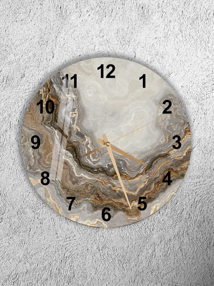 KIRILMAZ CAM DUVAR SAATİ, HEM TABLO HEM SAAT BEJ DOĞAL MERMER DOKULU ŞIK EV OFİS HEDİYESİ