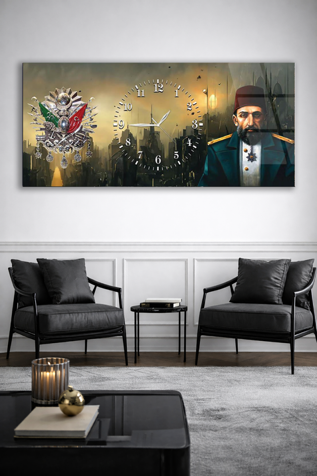 KIRILMAZ CAM DUVAR SAATİ , HEM TABLO HEM SAAT OSMANLI ARMALI TARİHİ TASARIM EV OFİS HEDİYESİ