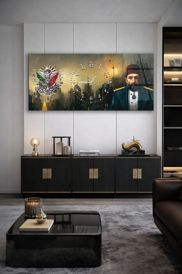 KIRILMAZ CAM DUVAR SAATİ , HEM TABLO HEM SAAT OSMANLI ARMALI TARİHİ TASARIM EV OFİS HEDİYESİ