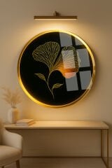 IŞILTILI GİNKGO YAPRAĞI TASARIMI KIRILMAZ YUVARLAK CAM TABLO LÜKS EV HEDİYESİ ULTRA CANLI RENKLİ