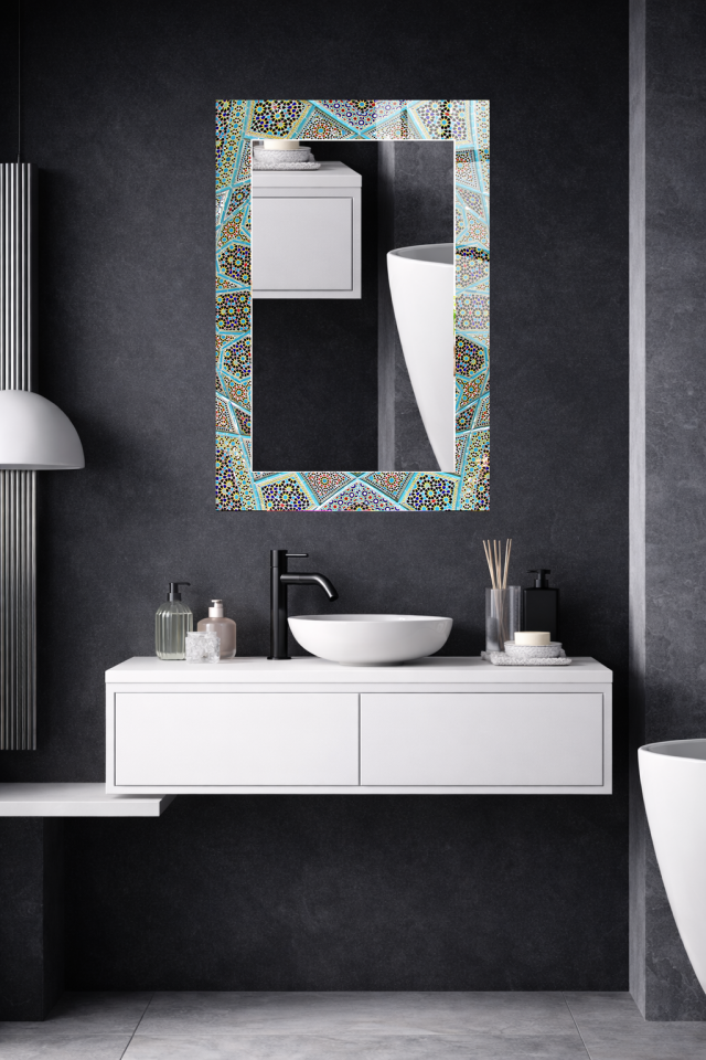 HEM TABLO HEM AYNA TURKUAZ GEOMETRİK MOZAİK CAM DUVAR AYNASI EV DEKORU