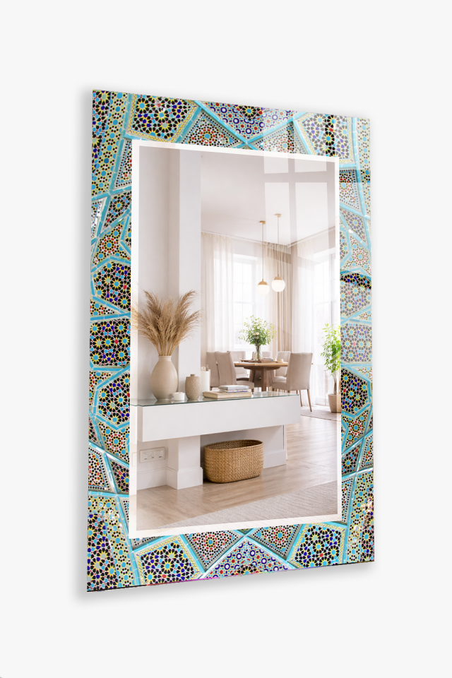 HEM TABLO HEM AYNA TURKUAZ GEOMETRİK MOZAİK CAM DUVAR AYNASI EV DEKORU