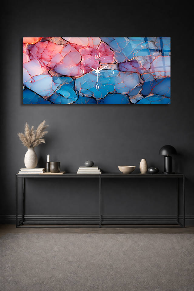 KIRILMAZ CAM DUVAR SAATİ , HEM TABLO HEM SAAT MAVİ PEMBE MERMER SANATSAL EV OFİS HEDİYESİ
