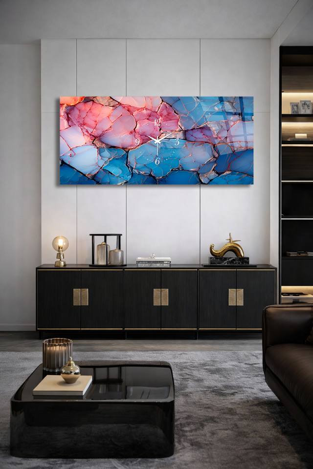 KIRILMAZ CAM DUVAR SAATİ , HEM TABLO HEM SAAT MAVİ PEMBE MERMER SANATSAL EV OFİS HEDİYESİ