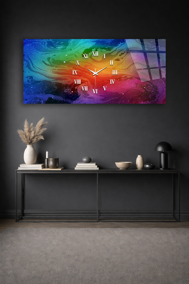 KIRILMAZ CAM DUVAR SAATİ , HEM TABLO HEM SAAT RENKLİ GALAKSİ SOYUT TASARIM EV OFİS HEDİYESİ