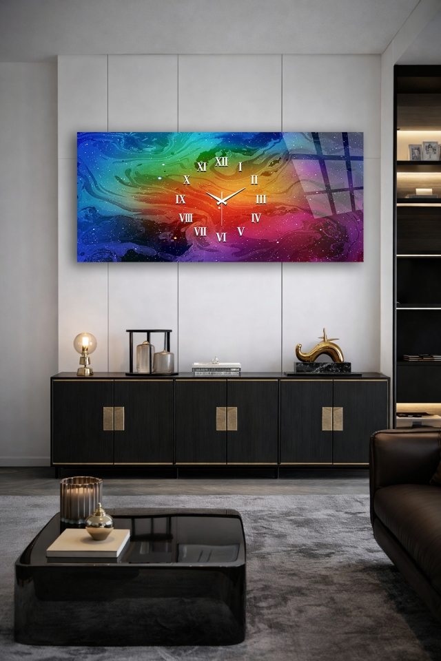KIRILMAZ CAM DUVAR SAATİ , HEM TABLO HEM SAAT RENKLİ GALAKSİ SOYUT TASARIM EV OFİS HEDİYESİ