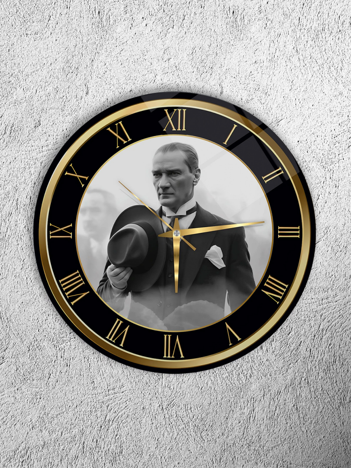 KIRILMAZ CAM DUVAR SAATİ, HEM TABLO HEM SAAT ATATÜRK PORTRE TEMALI SİYAH GOLD KLASİK TASARIM EV OFİS HEDİYESİ