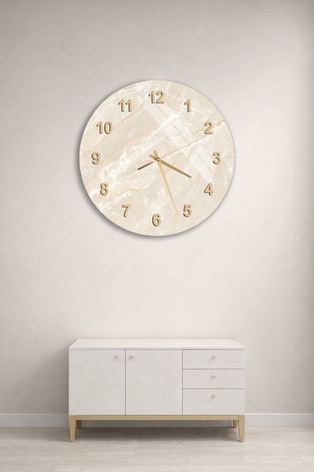 KIRILMAZ CAM DUVAR SAATİ, HEM TABLO HEM SAAT KREM MERMER DESENLİ SADE MODERN EV OFİS HEDİYESİ