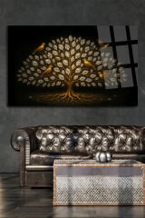 Elmas Yapraklı Ağaç Tasarımı Yatay Cam Tablo – Salon, Yatak Odası, Ofis İçin Şık Duvar Tablosu