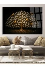 Elmas Yapraklı Ağaç Tasarımı Yatay Cam Tablo – Salon, Yatak Odası, Ofis İçin Şık Duvar Tablosu