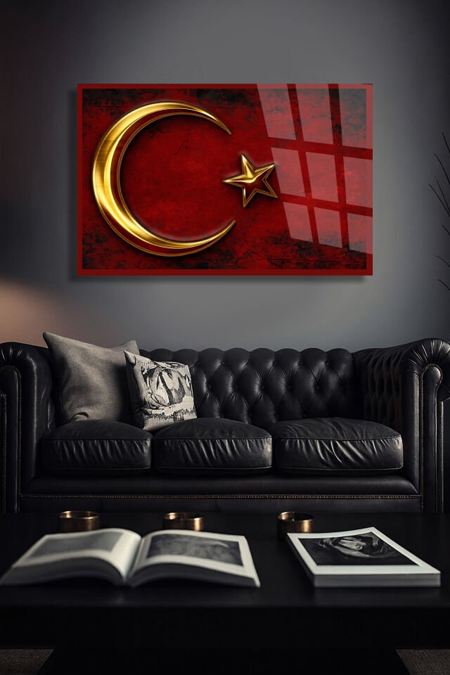 KIRILMAZ CAM TABLO TÜRK BAYRAĞI AY YILDIZ KIRMIZI MİLLİ DUVAR DEKORU