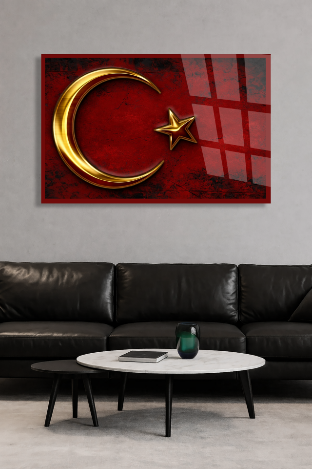 KIRILMAZ CAM TABLO TÜRK BAYRAĞI AY YILDIZ KIRMIZI MİLLİ DUVAR DEKORU