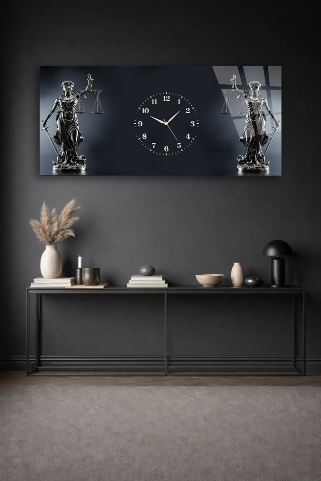 KIRILMAZ CAM DUVAR SAATİ , HEM TABLO HEM SAAT ADALET TEMALI HEYKEL TASARIM EV OFİS HEDİYESİ