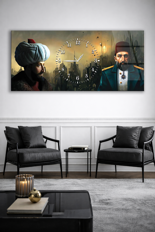 KIRILMAZ CAM DUVAR SAATİ , HEM TABLO HEM SAAT OSMANLI TARİHİ TEMALI DUVAR SAATİ EV OFİS HEDİYESİ