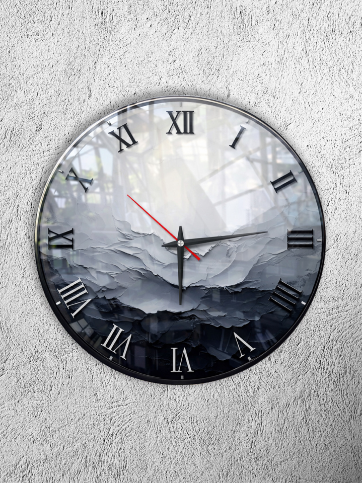 KIRILMAZ CAM DUVAR SAATİ, HEM TABLO HEM SAAT SOYUT GRİ MERMER DAĞ MANZARALI MODERN TASARIM EV OFİS HEDİYESİ