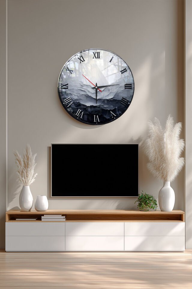 KIRILMAZ CAM DUVAR SAATİ, HEM TABLO HEM SAAT SOYUT GRİ MERMER DAĞ MANZARALI MODERN TASARIM EV OFİS HEDİYESİ