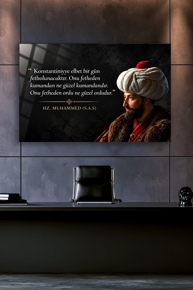 FATİH SULTAN MEHMED PORTRELİ SÖZ YAZILI DEKORATİF CAM TABLO OFİS HEDİYESİ
