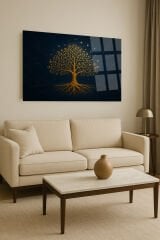 LACİVERT ARKA TEMADA GOLD DETAYLAR VE ALTIN AĞAÇ KIRILMAZ CAM TABLO EV HEDİYESİ LÜKS TABLO