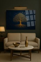 LACİVERT ARKA TEMADA GOLD DETAYLAR VE ALTIN AĞAÇ KIRILMAZ CAM TABLO EV HEDİYESİ LÜKS TABLO