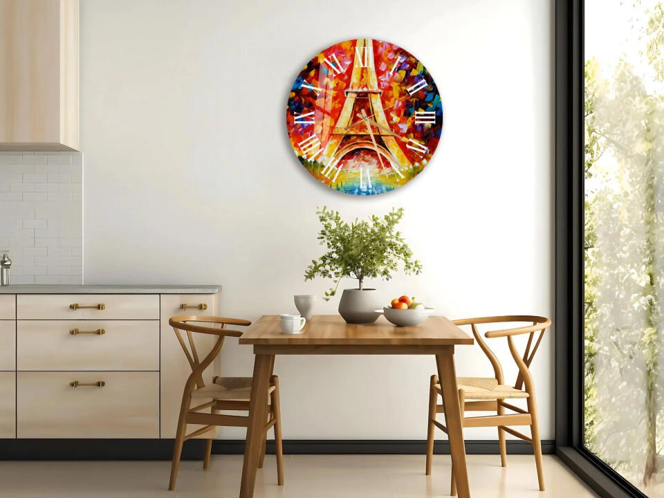 KIRILMAZ CAM DUVAR SAATİ, HEM TABLO HEM SAAT EYFEL KULESİ SANATSAL RENKLİ TASARIM EV OFİS HEDİYESİ
