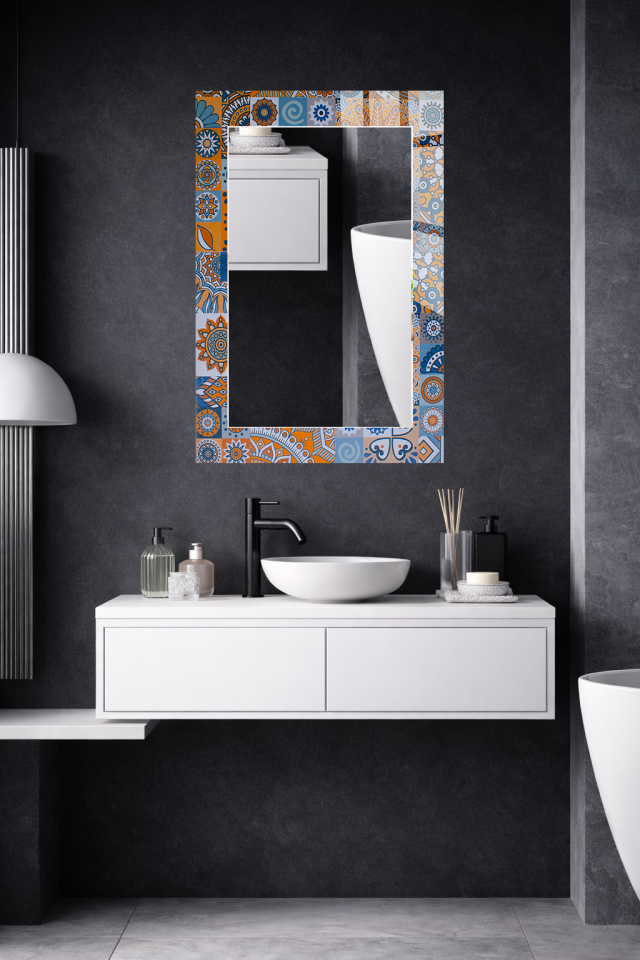 HEM TABLO HEM AYNA ETNİK DESENLİ PATCHWORK CAM DUVAR AYNASI EV DEKORU