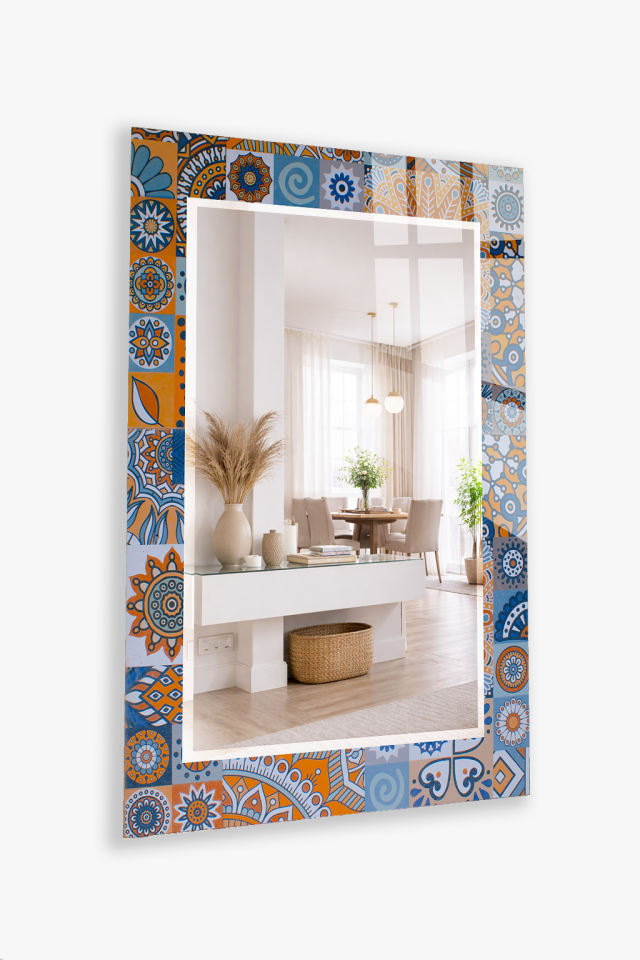 HEM TABLO HEM AYNA ETNİK DESENLİ PATCHWORK CAM DUVAR AYNASI EV DEKORU