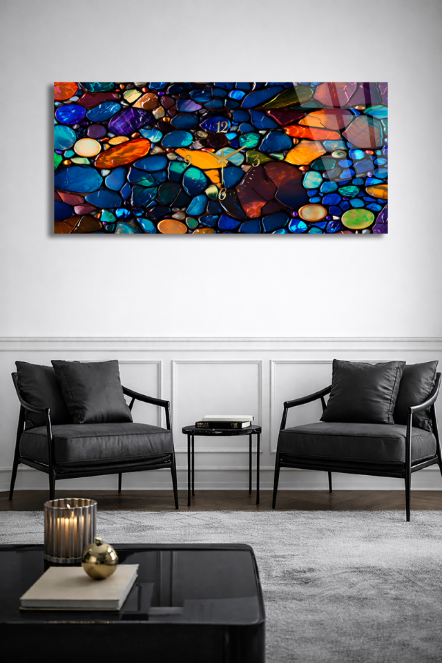 KIRILMAZ CAM DUVAR SAATİ , HEM TABLO HEM SAAT RENKLİ TAŞ DESEN MODERN EV OFİS HEDİYESİ