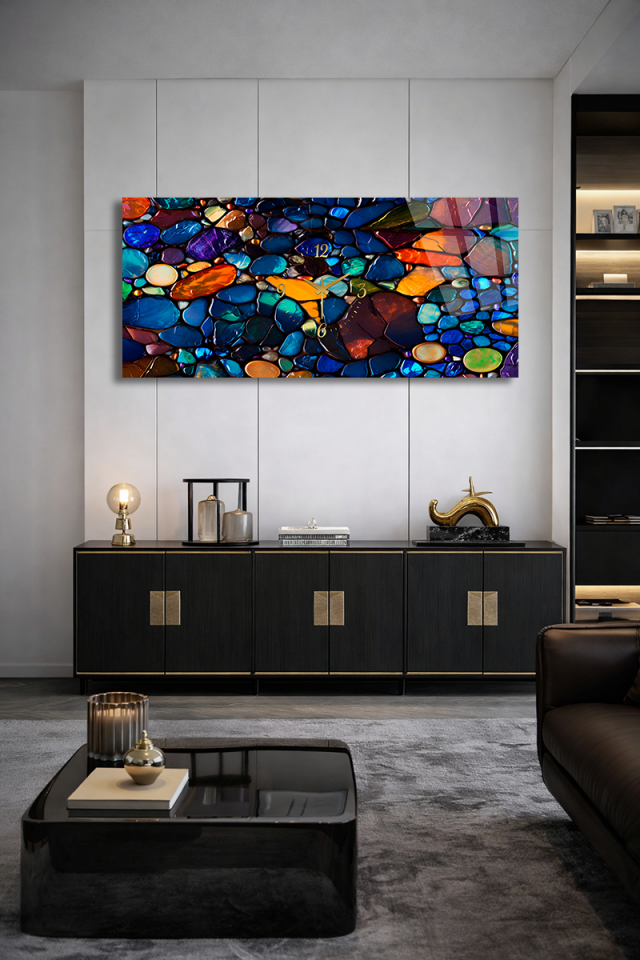 KIRILMAZ CAM DUVAR SAATİ , HEM TABLO HEM SAAT RENKLİ TAŞ DESEN MODERN EV OFİS HEDİYESİ