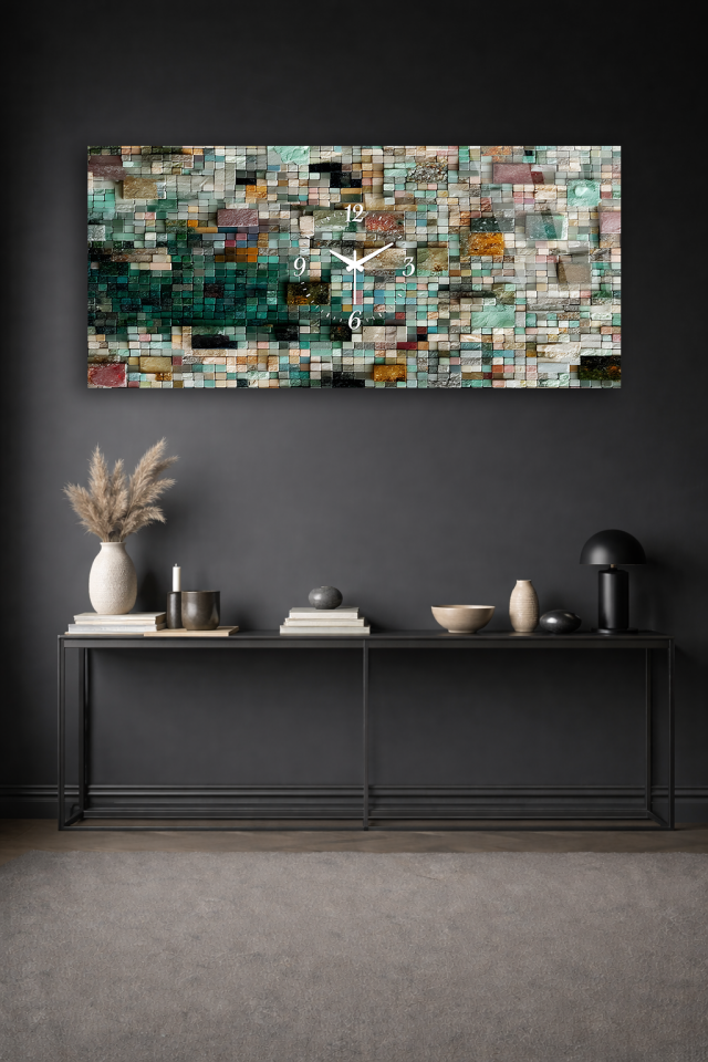 KIRILMAZ CAM DUVAR SAATİ , HEM TABLO HEM SAAT DOĞAL MOZAİK DOKU MODERN TASARIM EV OFİS HEDİYESİ