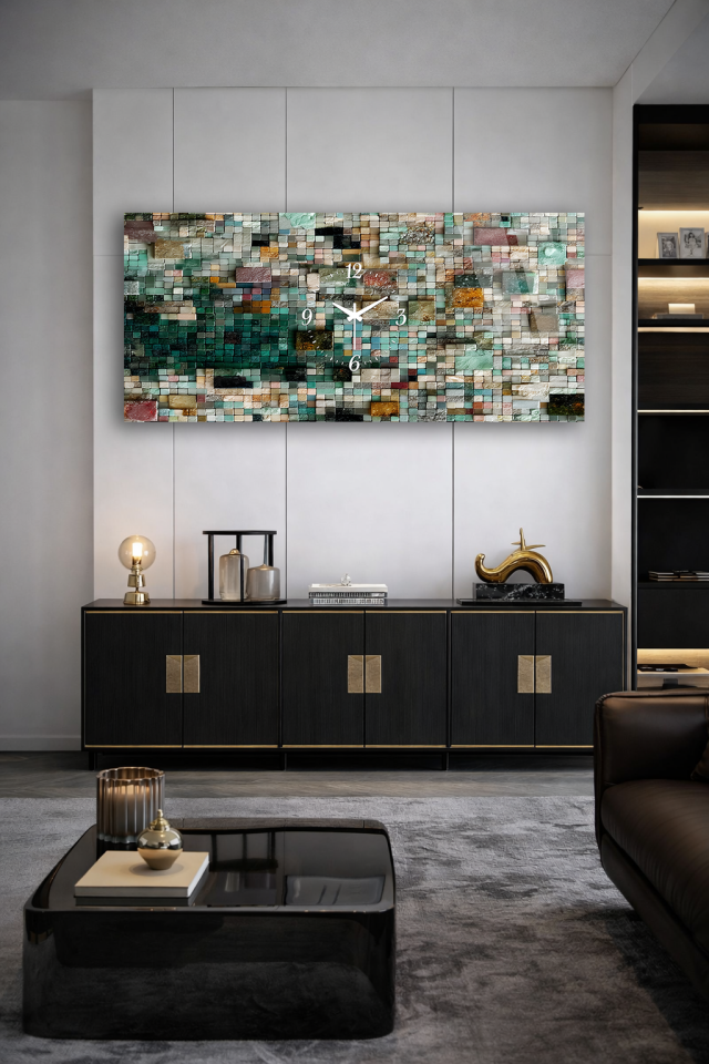 KIRILMAZ CAM DUVAR SAATİ , HEM TABLO HEM SAAT DOĞAL MOZAİK DOKU MODERN TASARIM EV OFİS HEDİYESİ
