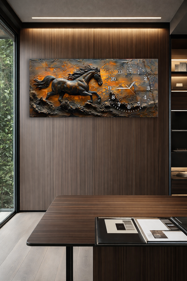 KIRILMAZ CAM DUVAR SAATİ , HEM TABLO HEM SAAT KOŞAN AT FİGÜRLÜ LÜKS TASARIM EV OFİS HEDİYESİ
