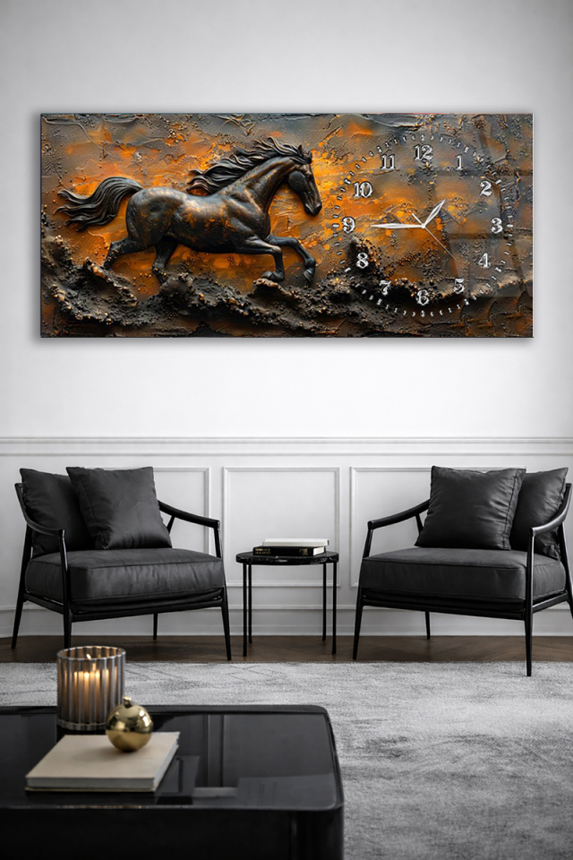 KIRILMAZ CAM DUVAR SAATİ , HEM TABLO HEM SAAT KOŞAN AT FİGÜRLÜ LÜKS TASARIM EV OFİS HEDİYESİ