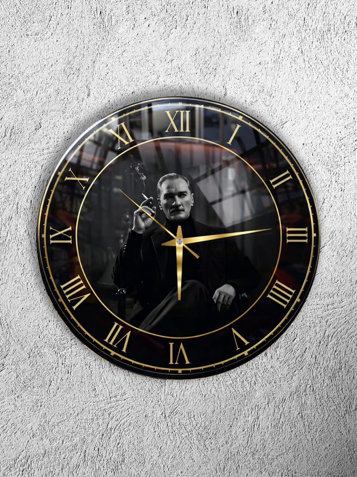 KIRILMAZ CAM DUVAR SAATİ, HEM TABLO HEM SAAT SİYAH GOLD ATATÜRK PORTRE TASARIMI EV OFİS HEDİYESİ