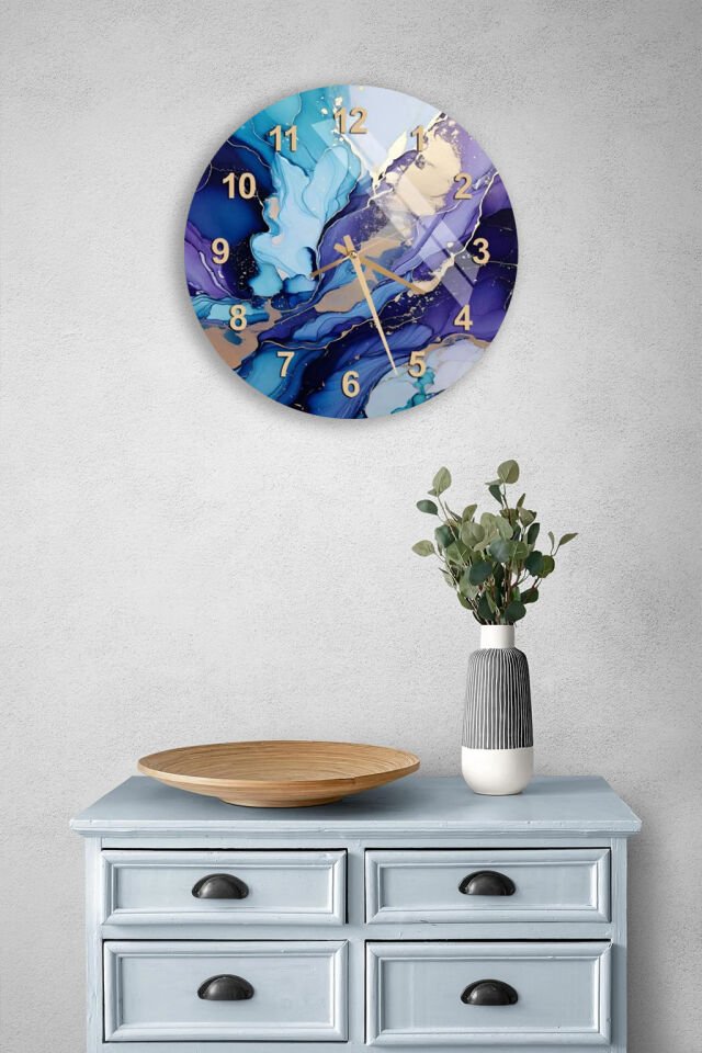 KIRILMAZ CAM DUVAR SAATİ, HEM TABLO HEM SAAT MAVİ MOR SOYUT MERMER DESEN EV OFİS HEDİYESİ