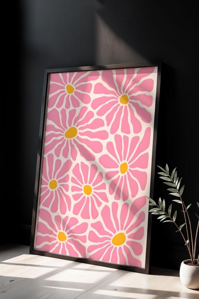 SİYAH - Botanik Serisi Pembe Çiçekli Matisse Doğal Ahşap Çerçeveli Duvar Tablosu