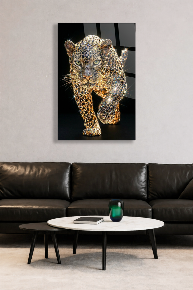 KIRILMAZ CAM TABLO PIRLANTA LEOPAR LÜKS VAHŞİ HAYVAN SANATI
