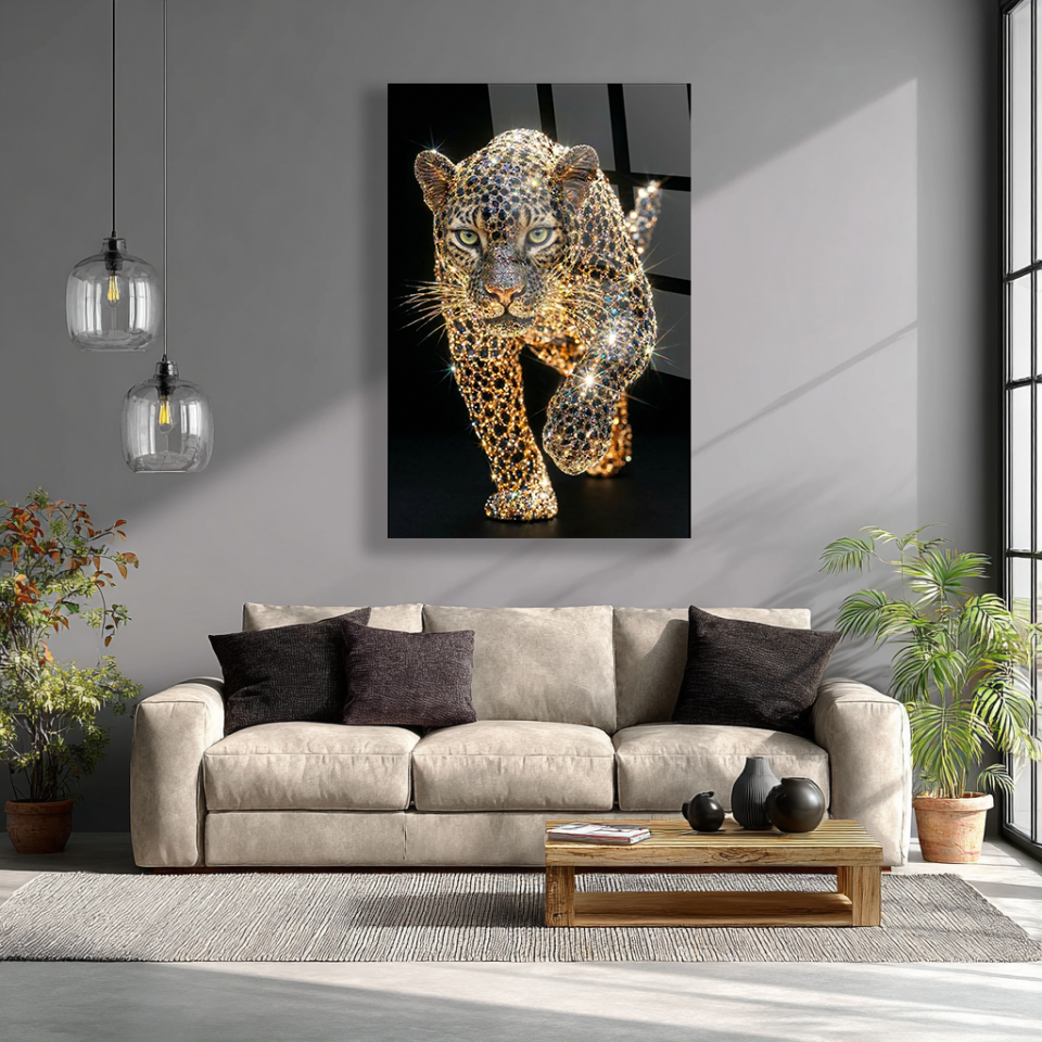 KIRILMAZ CAM TABLO PIRLANTA LEOPAR LÜKS VAHŞİ HAYVAN SANATI