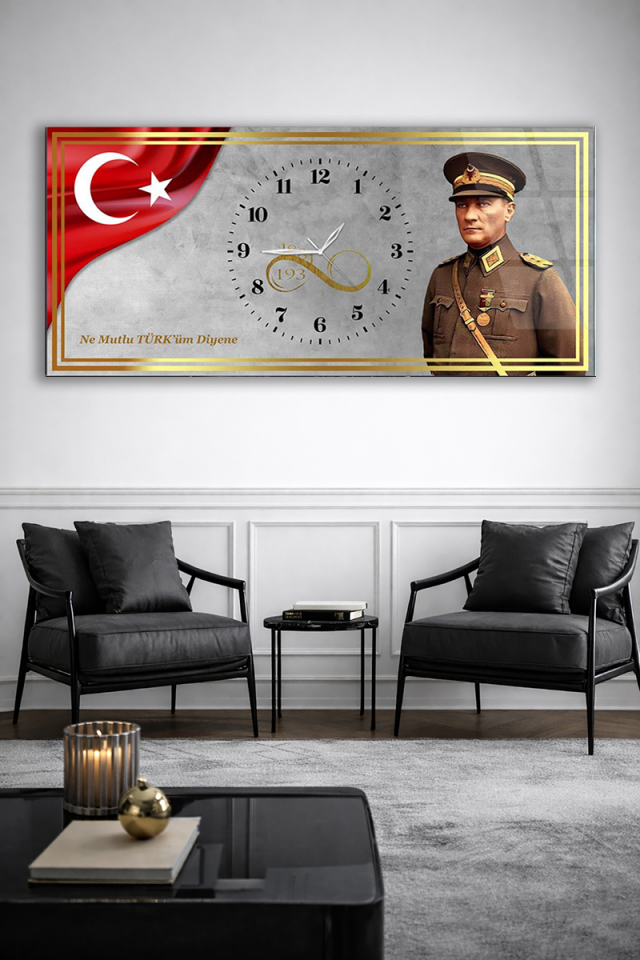 KIRILMAZ CAM DUVAR SAATİ , HEM TABLO HEM SAAT ATATÜRK VE TÜRK BAYRAKLI SAAT EV OFİS HEDİYESİ
