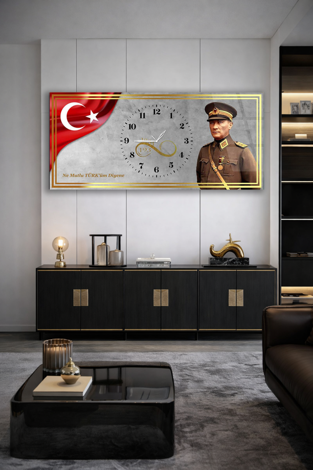 KIRILMAZ CAM DUVAR SAATİ , HEM TABLO HEM SAAT ATATÜRK VE TÜRK BAYRAKLI SAAT EV OFİS HEDİYESİ