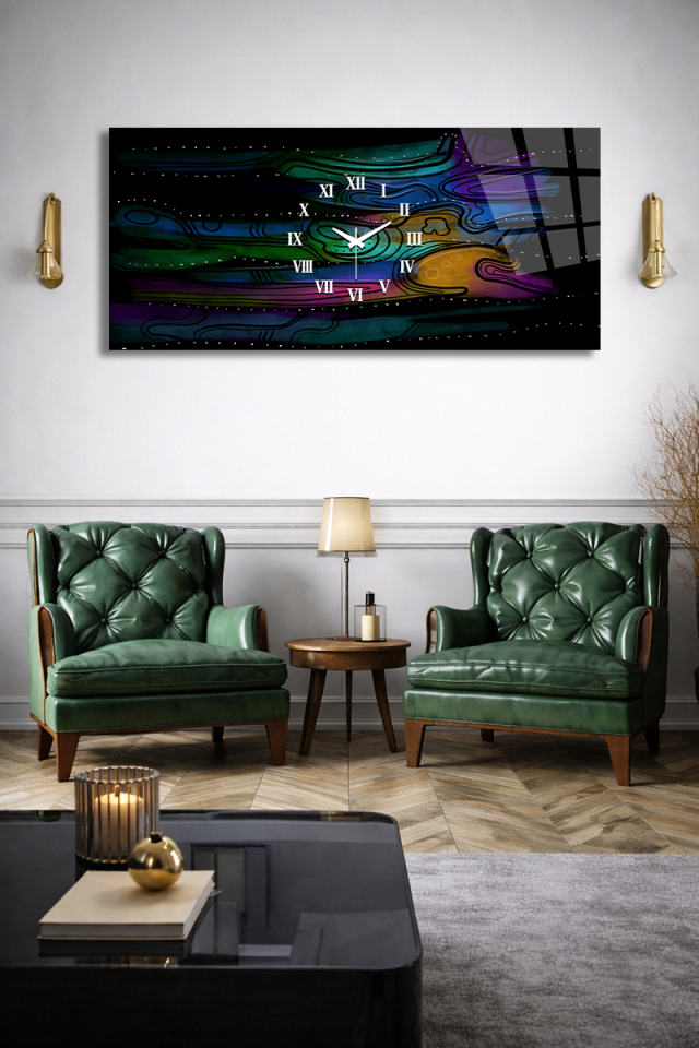 KIRILMAZ CAM DUVAR SAATİ , HEM TABLO HEM SAAT SOYUT RENKLİ DALGA TASARIM EV OFİS HEDİYESİ
