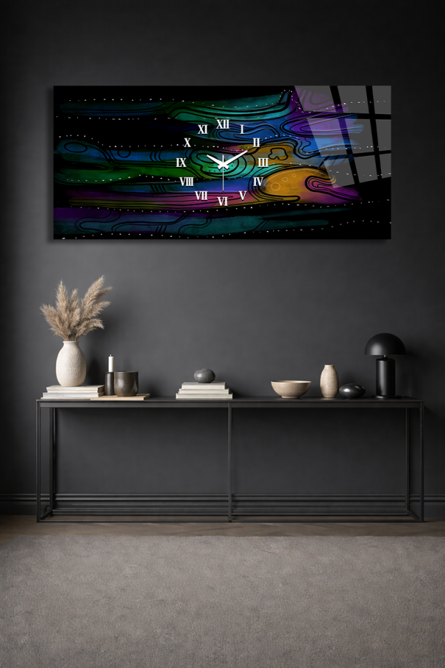 KIRILMAZ CAM DUVAR SAATİ , HEM TABLO HEM SAAT SOYUT RENKLİ DALGA TASARIM EV OFİS HEDİYESİ
