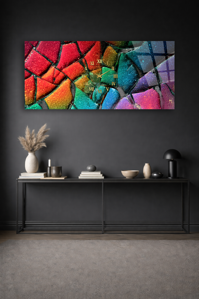 KIRILMAZ CAM DUVAR SAATİ , HEM TABLO HEM SAAT RENKLİ CAM MOZAİK SOYUT TASARIM EV OFİS HEDİYESİ