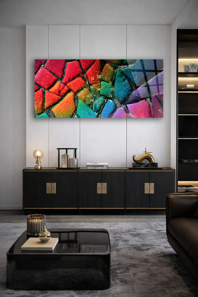 KIRILMAZ CAM DUVAR SAATİ , HEM TABLO HEM SAAT RENKLİ CAM MOZAİK SOYUT TASARIM EV OFİS HEDİYESİ