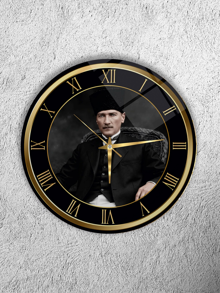 KIRILMAZ CAM DUVAR SAATİ, HEM TABLO HEM SAAT KALPAKLI ATATÜRK ÖZEL TASARIM EV OFİS HEDİYESİ