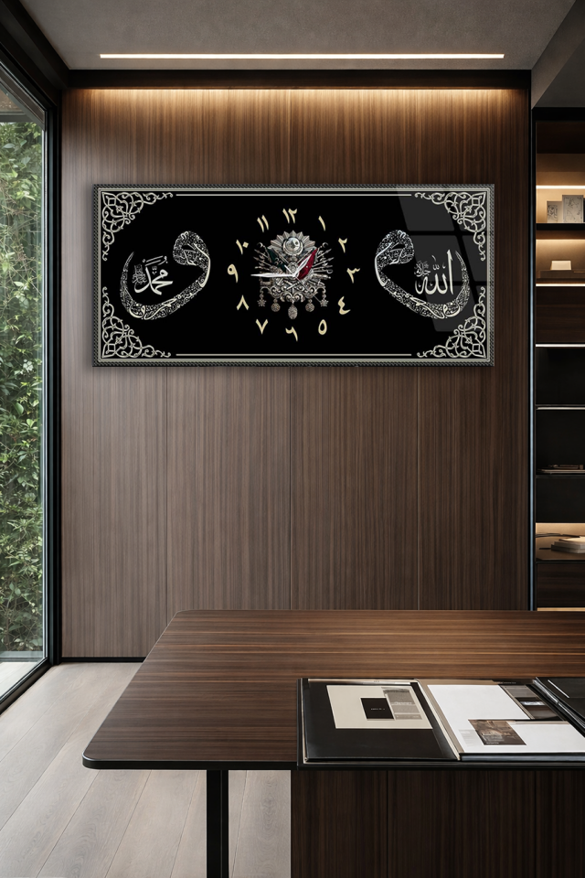 KIRILMAZ CAM DUVAR SAATİ , HEM TABLO HEM SAAT OSMANLI ARMALI İSLAMİ CAM SAAT EV OFİS HEDİYESİ